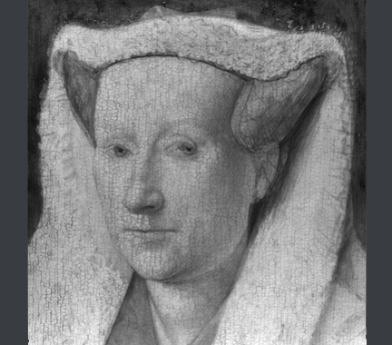 Detail from digital infrared reflectogram from 'Margaret, the Artist's Wife' painting by Jan van Eyck, 1439