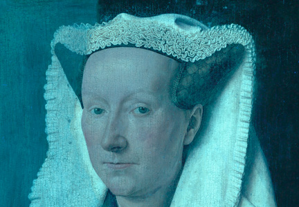 'Margaret, the Artist's Wife' by Jan van Eyck, 1439, during cleaning - ultraviolet fluorescence photograph
