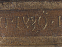 Jan van Eyck: 'Margaret, the Artist's Wife', 1439, photomicrograph of the inscription on the upper moulding