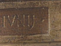 Jan van Eyck: 'Margaret, the Artist's Wife', 1439, photomicrograph of the inscription on the upper moulding