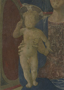 Domenico Veneziano: Detail of the blessing Christ Child from 'The Virgin and Child Enthroned'.