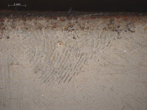 Detail from 'The Guitar Player' On loan from English Heritage, The Iveagh Bequest (Kenwood) Photomicrograph showing fingerprint impressed in the paint along the top edge.