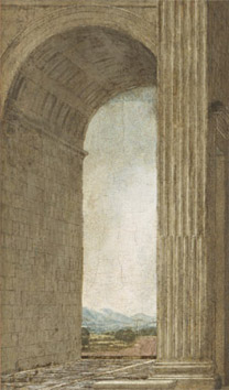 Andrea del Verrocchio: Detail of pier and coffered ceiling from 'The Virgin adoring the Infant Christ ('The Ruskin Madonna').