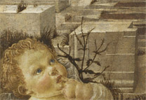 Andrea del Verrocchio: Detail of cornerstone above Christ from 'The Virgin adoring the Infant Christ ('The Ruskin Madonna').