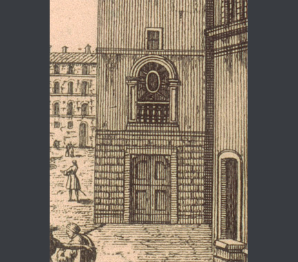 Giuseppe Zocchi: Detail showing the arched niche where the Carnesecchi tabernacle was originally placed from 'View of the Street leading to Santa Maria Novella'.